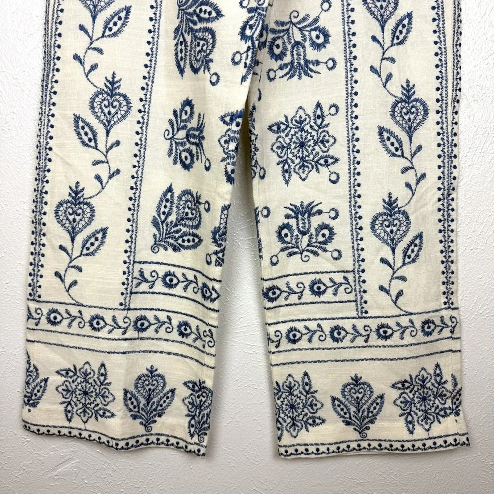 Zara Linen Embroidered Culottes Wide Leg Ankle Pants Ecru Cream Blue XS